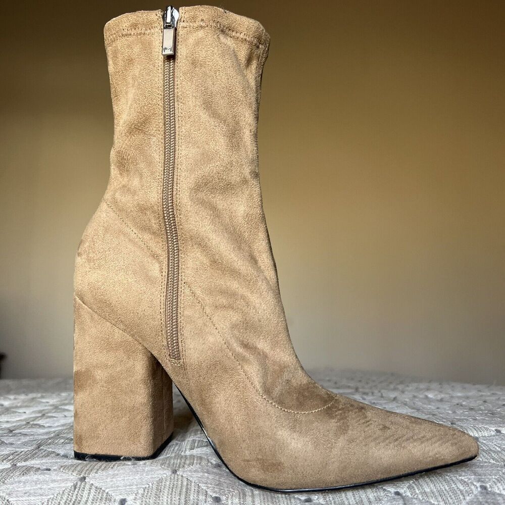 Marc Fisher LTD Larry Sock Ankle Boot Women 9 M Tan Faux Suede Pointed Toe Block - Picture 2 of 15